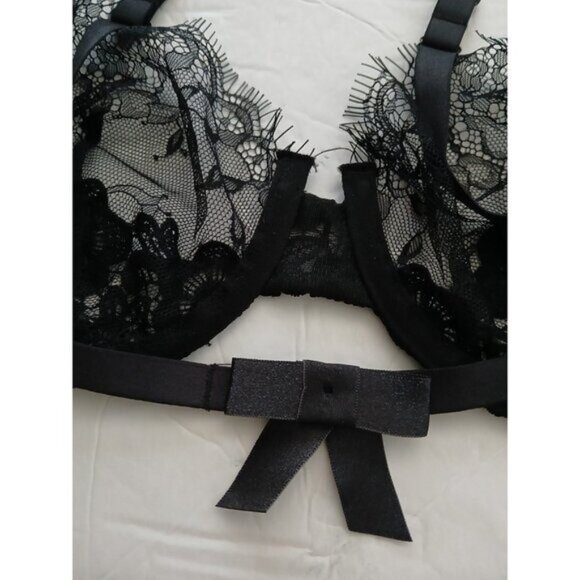 Elegant Black Lace Floral Unlined Demi Underwire Bra 32C Rhinestone Bling Mesh - Picture 6 of 8